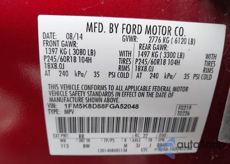 2015 Ford Explorer Xlt из США, поврежденный, VIN 1FM5K8D88FGA52048